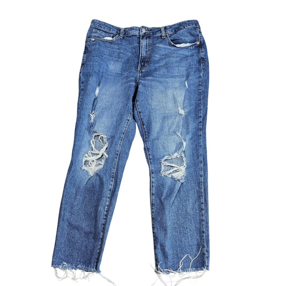 Old Navy High-Rise OG Straight Jeans Womens 16 Blue Distressed Raw Hem Denim